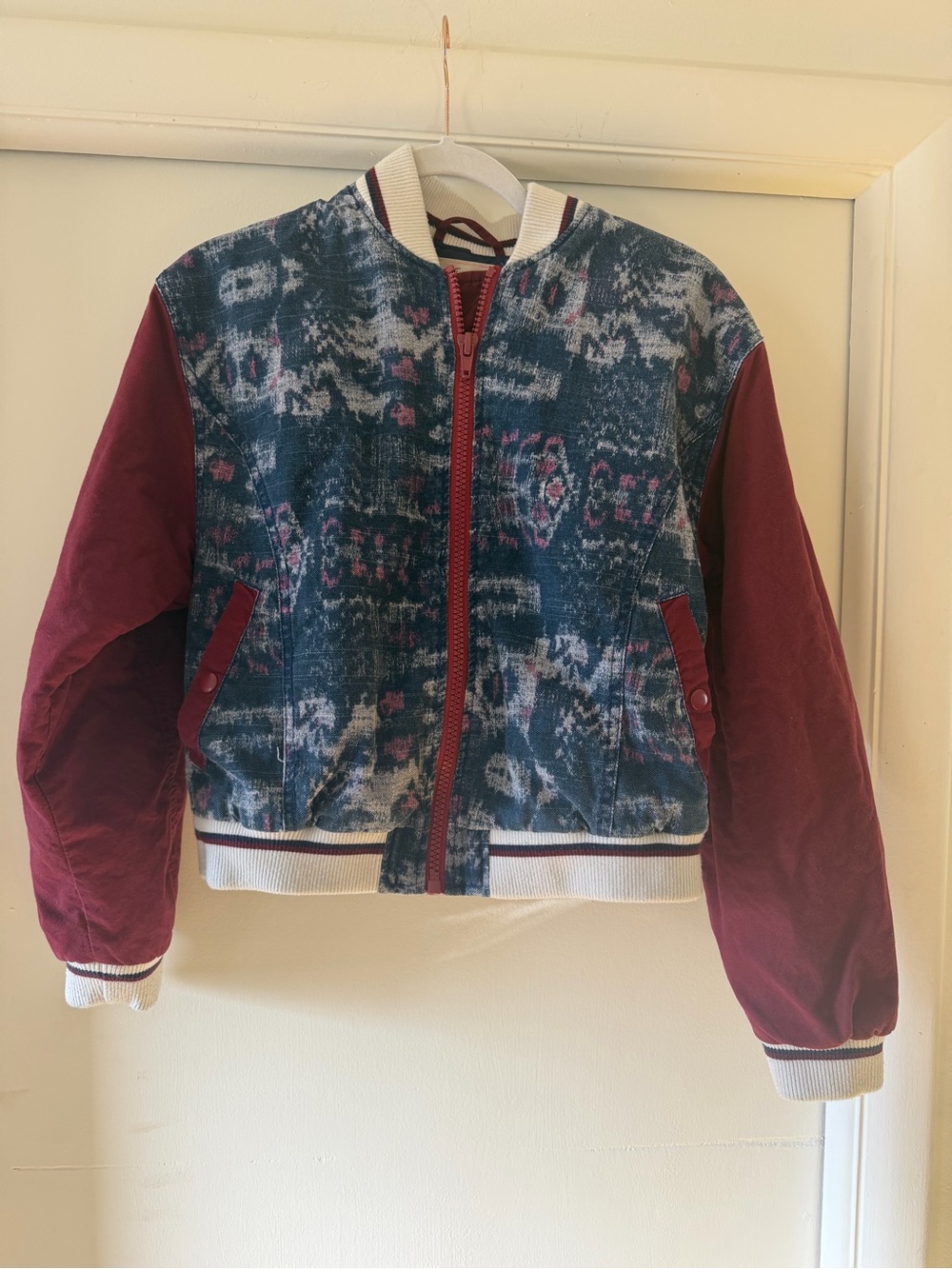 Free People Bomber Jacket in Blue and Burgundy